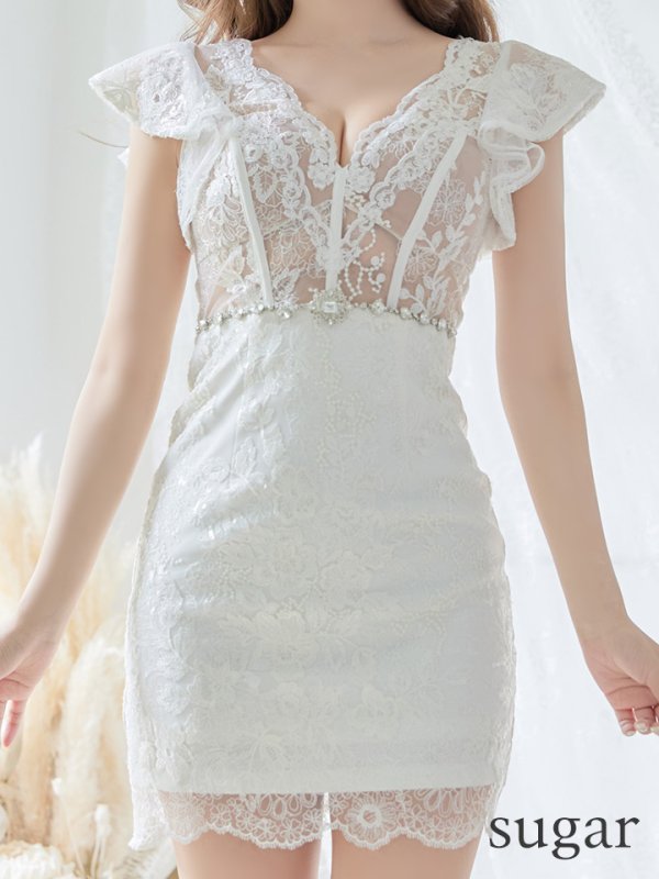 画像8: XS?Lサイズあり【ROBE de FLEURS/ローブドフルール】ウエストビジュー/ シースルーレース/ フリルスリーブ/ 台形スカート/ ミニドレス/ キャバドレス ピンク[OF08]