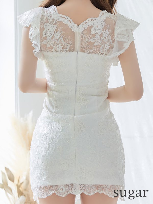 画像9: XS?Lサイズあり【ROBE de FLEURS/ローブドフルール】ウエストビジュー/ シースルーレース/ フリルスリーブ/ 台形スカート/ ミニドレス/ キャバドレス ピンク[OF08]