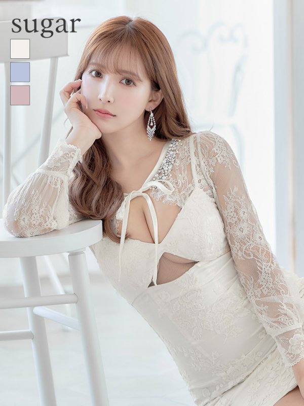 画像1: 【ROBE de FLEURS/ローブドフルール】バストカット/ レース/ ビジュー/ リボン/ 長袖 / 袖あり/ タイト/ ミニドレス/ キャバドレス[OF2]