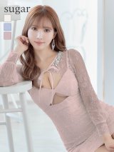 【ROBE de FLEURS/ローブドフルール】バストカット/ レース/ ビジュー/ リボン/ 長袖 / 袖あり/ タイト/ ミニドレス/ キャバドレス[OF2]