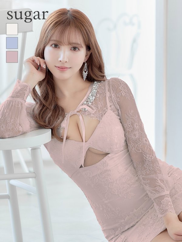 画像1: 【ROBE de FLEURS/ローブドフルール】バストカット/ レース/ ビジュー/ リボン/ 長袖 / 袖あり/ タイト/ ミニドレス/ キャバドレス[OF2]