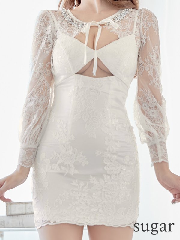 画像10: 【ROBE de FLEURS/ローブドフルール】バストカット/ レース/ ビジュー/ リボン/ 長袖 / 袖あり/ タイト/ ミニドレス/ キャバドレス[OF08]