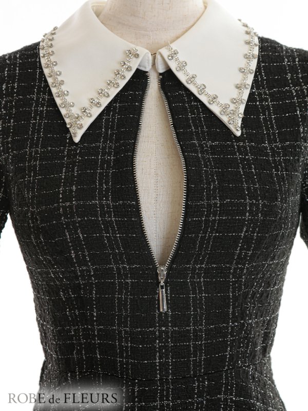 画像11: XSサイズあり【ROBE de FLEURS/ローブドフルール】ツイード/ 襟付きジップ/ フレア/ ミニドレス/ キャバドレス[OF08]