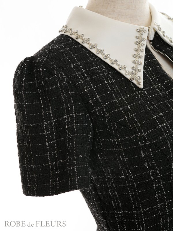 画像12: XSサイズあり【ROBE de FLEURS/ローブドフルール】ツイード/ 襟付きジップ/ フレア/ ミニドレス/ キャバドレス[OF08]