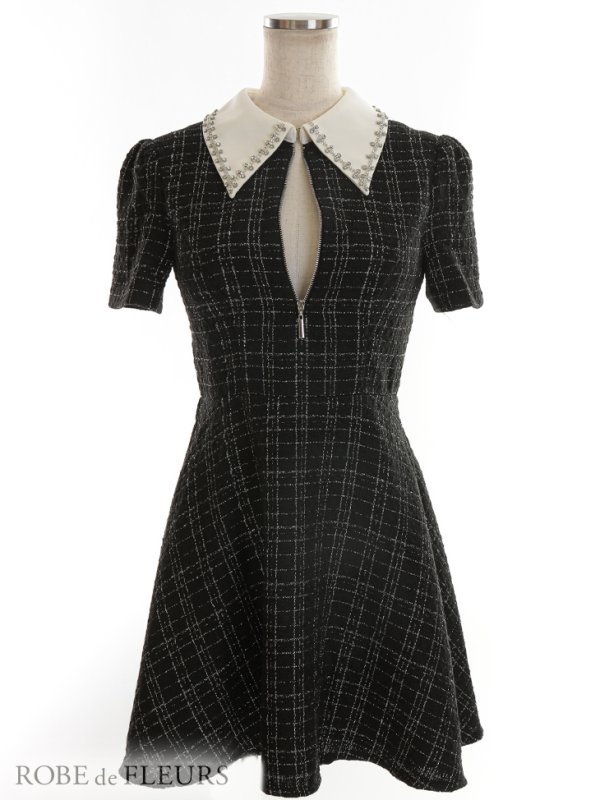 画像10: XSサイズあり【ROBE de FLEURS/ローブドフルール】ツイード/ 襟付きジップ/ フレア/ ミニドレス/ キャバドレス[OF08]