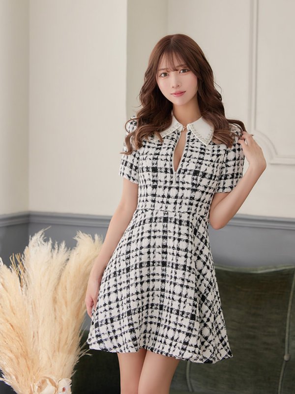 画像3: XSサイズあり【ROBE de FLEURS/ローブドフルール】ツイード/ 襟付きジップ/ フレア/ ミニドレス/ キャバドレス[OF08]