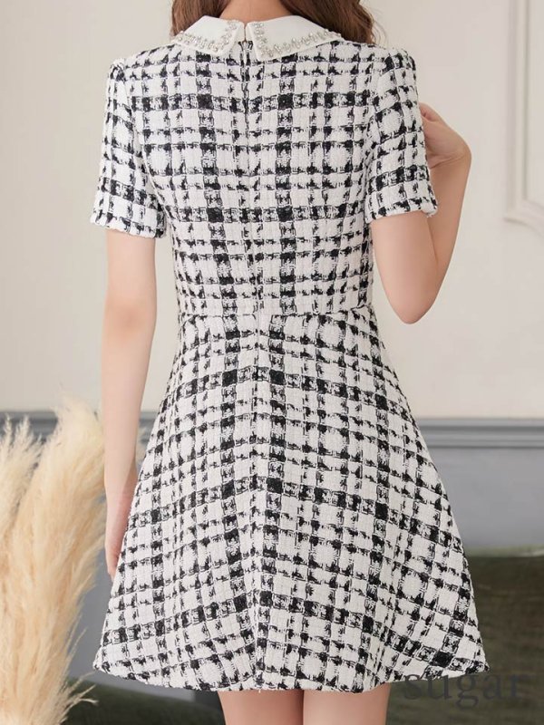 画像9: XSサイズあり【ROBE de FLEURS/ローブドフルール】ツイード/ 襟付きジップ/ フレア/ ミニドレス/ キャバドレス[OF08]