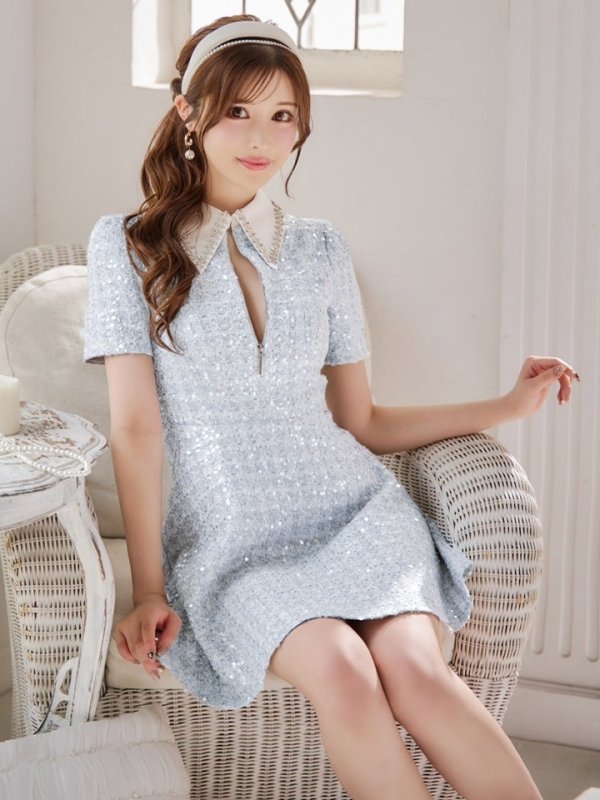 画像4: XSサイズあり【ROBE de FLEURS/ローブドフルール】ツイード/ 襟付きジップ/ フレア/ ミニドレス/ キャバドレス[OF08]