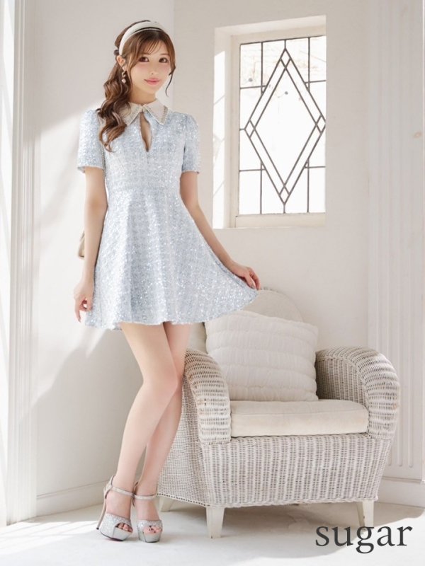 画像7: XSサイズあり【ROBE de FLEURS/ローブドフルール】ツイード/ 襟付きジップ/ フレア/ ミニドレス/ キャバドレス[OF08]