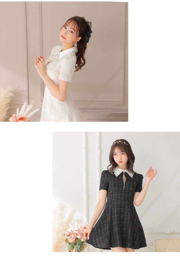 画像16: XSサイズあり【ROBE de FLEURS/ローブドフルール】ツイード/ 襟付きジップ/ フレア/ ミニドレス/ キャバドレス[OF08]