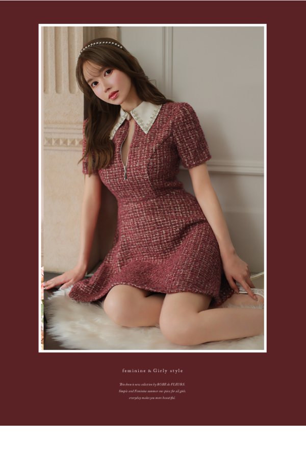 画像17: XSサイズあり【ROBE de FLEURS/ローブドフルール】ツイード/ 襟付きジップ/ フレア/ ミニドレス/ キャバドレス[OF08]