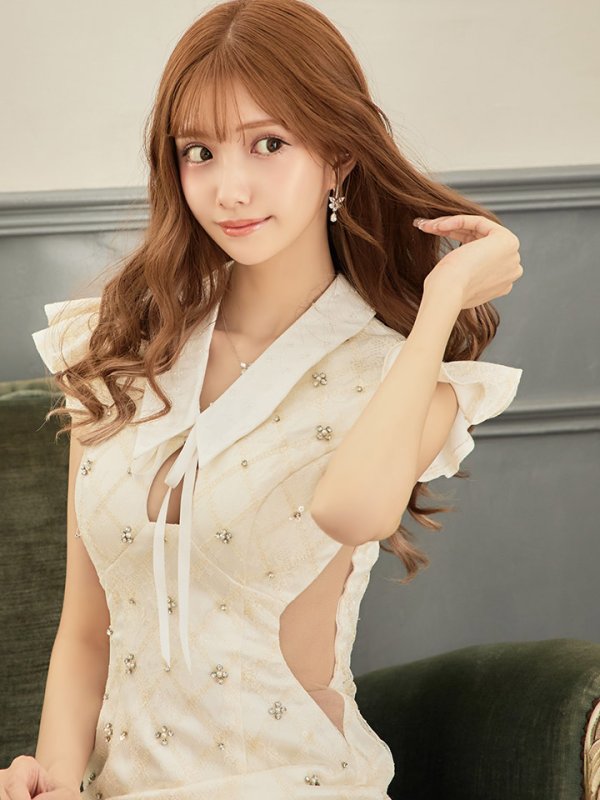 画像3: XSサイズあり【ROBE de FLEURS/ローブドフルール】リボン/ 襟付き/ フリル/ サイドシアー/ ビジュー/ タイト/ ミニドレス/ キャバドレス[OF08]