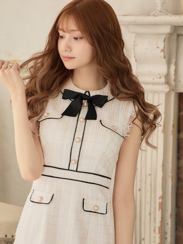 画像12: XS-Lサイズあり【ROBE de FLEURS/ローブドフルール】ツイード/ リボン/ 襟つき/ 台形スカート/ ミニドレス/ キャバドレス[OF08]