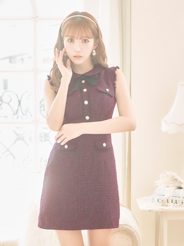 画像4: XS-Lサイズあり【ROBE de FLEURS/ローブドフルール】ツイード/ リボン/ 襟つき/ 台形スカート/ ミニドレス/ キャバドレス[OF08]