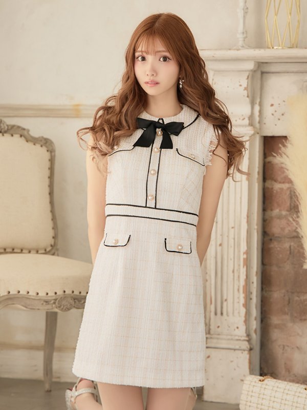 画像14: XS-Lサイズあり【ROBE de FLEURS/ローブドフルール】ツイード/ リボン/ 襟つき/ 台形スカート/ ミニドレス/ キャバドレス[OF08]