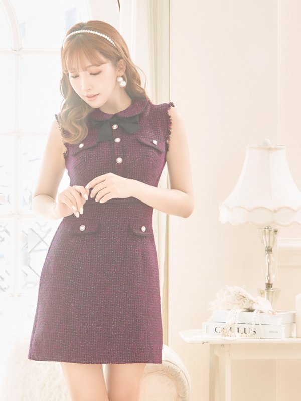 画像6: XS-Lサイズあり【ROBE de FLEURS/ローブドフルール】ツイード/ リボン/ 襟つき/ 台形スカート/ ミニドレス/ キャバドレス[OF08]