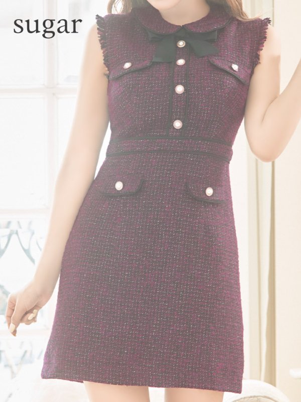 画像8: XS-Lサイズあり【ROBE de FLEURS/ローブドフルール】ツイード/ リボン/ 襟つき/ 台形スカート/ ミニドレス/ キャバドレス[OF08]