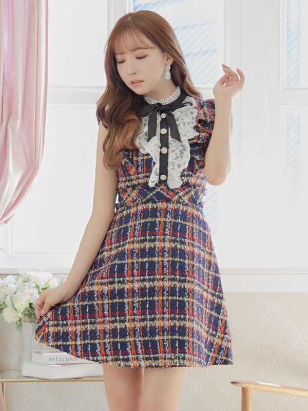 画像4: XSサイズあり【ROBE de FLEURS/ローブドフルール】クラシカルリボン/ ラメツイード/ フレア/ ミニドレス/ キャバドレス[OF08]