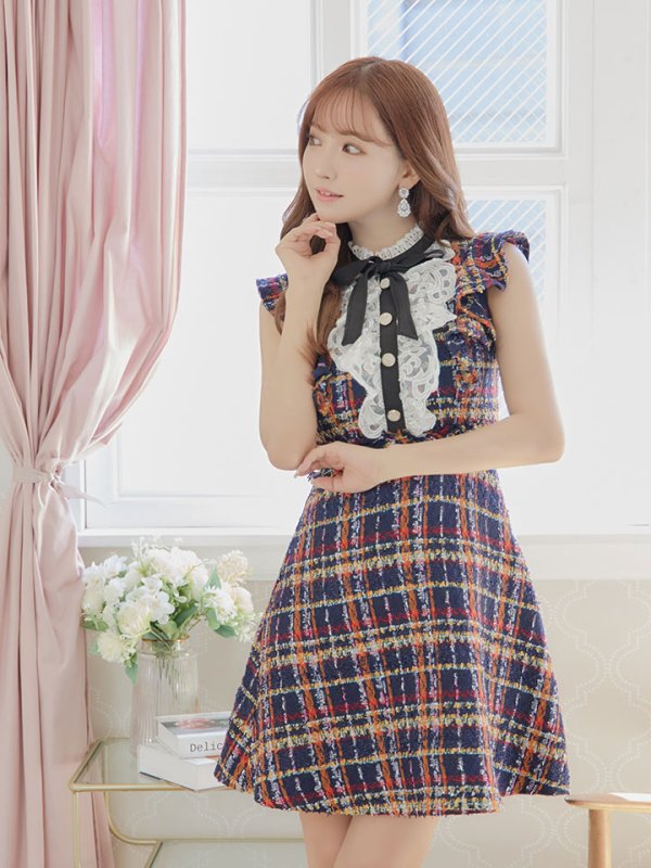 画像6: XSサイズあり【ROBE de FLEURS/ローブドフルール】クラシカルリボン/ ラメツイード/ フレア/ ミニドレス/ キャバドレス[OF08]