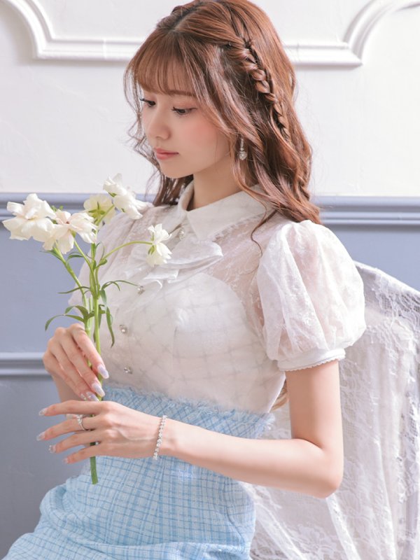 画像3: XSサイズあり【ROBE de FLEURS/ローブドフルール】パフスリーブ/ ラメツイード/ ビジュー/ 台形スカート/ ミニドレス/ キャバドレス[OF08]