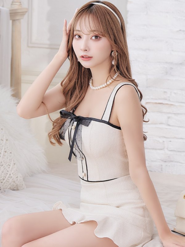 画像6: XS〜Lサイズあり【ROBE de FLEURS/ローブドフルール】 チュールリボン/ ツイード / ノースリーブ/ セットアップ/ ミニドレス/ キャバドレス[OF08]