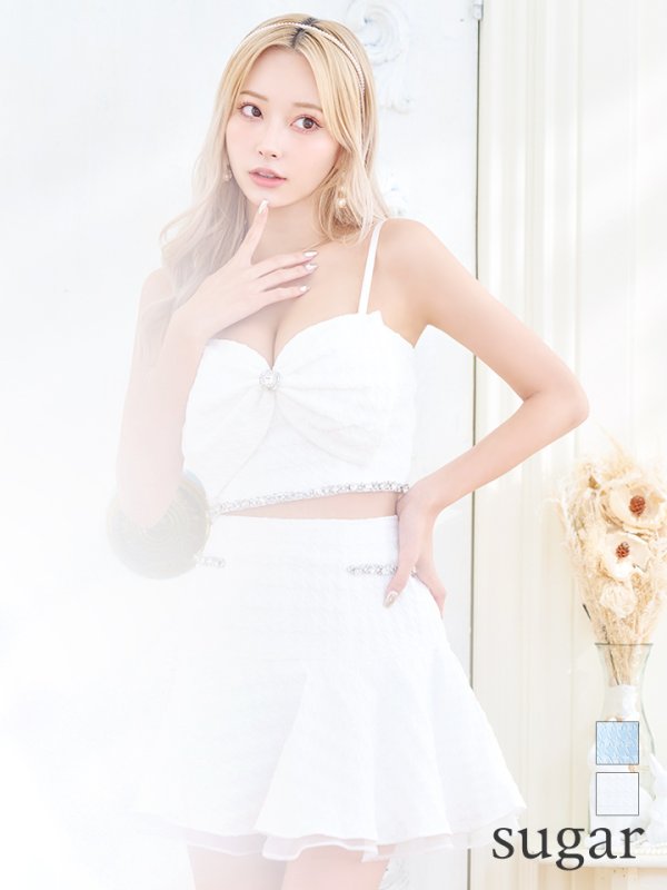 画像2: XSサイズあり【ROBE de FLEURS/ローブドフルール】フロントリボン/ セットアップ/ キャミソール/ ジャガード/ フレア/ ミニドレス/ キャバドレス[OF2]