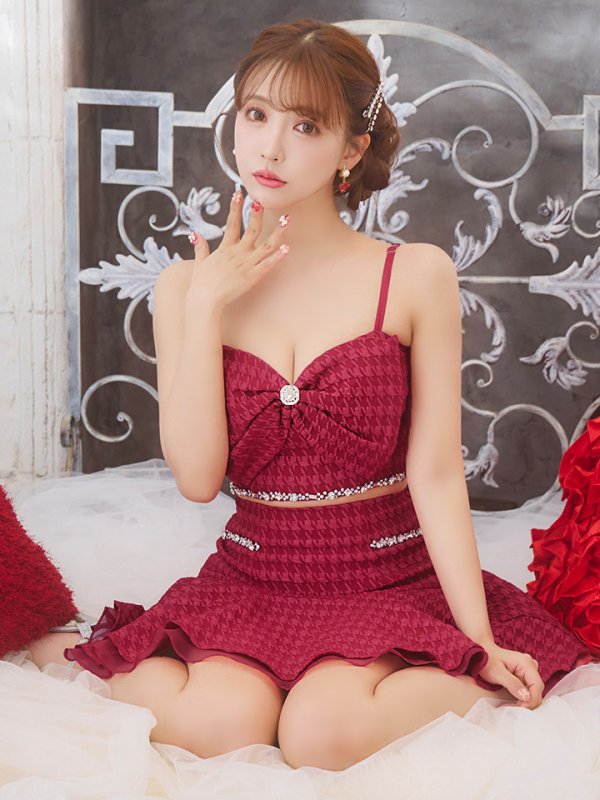 画像23: XSサイズあり【ROBE de FLEURS/ローブドフルール】フロントリボン/ セットアップ/ キャミソール/ ジャガード/ フレア/ ミニドレス/ キャバドレス[OF08]