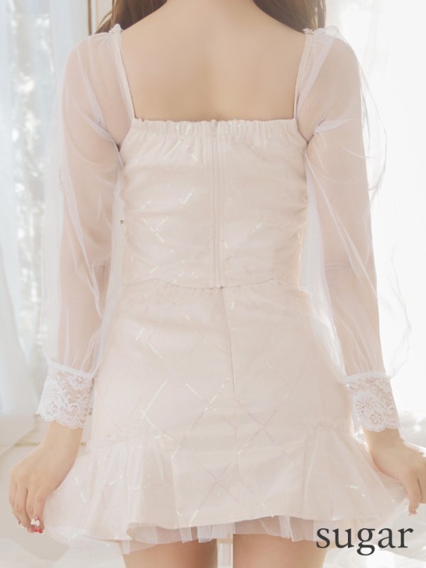 画像15: XSサイズあり【ROBE de FLEURS/ローブドフルール】スパンコール/ ドットチュール/ 袖あり/ 長袖/ セットアップ/ ビジュー/ フレア/ ミニドレス/ キャバドレス[OF08]