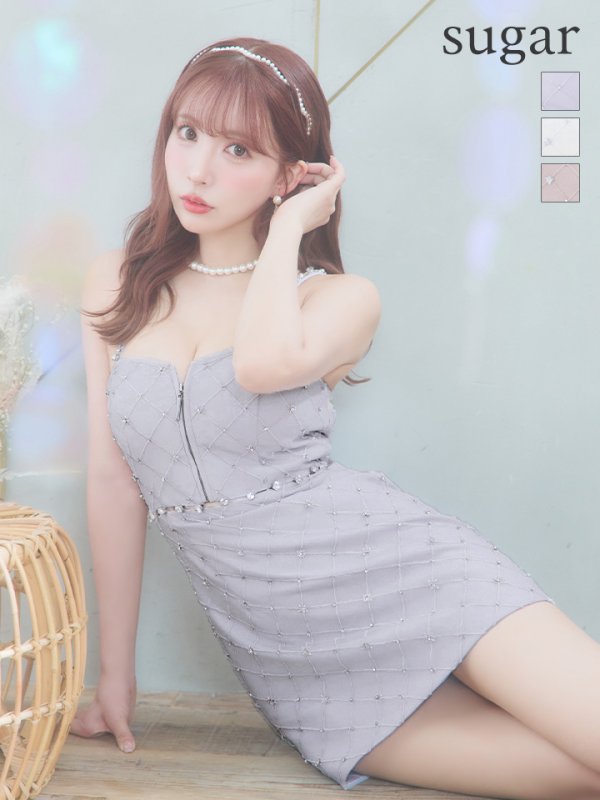 XSサイズあり【ROBE de FLEURS/ローブドフルール】クリスタルビジュー/ フロントジップ/ キャミソール/ ミニドレス/ キャバドレス[OF2]　ブルー