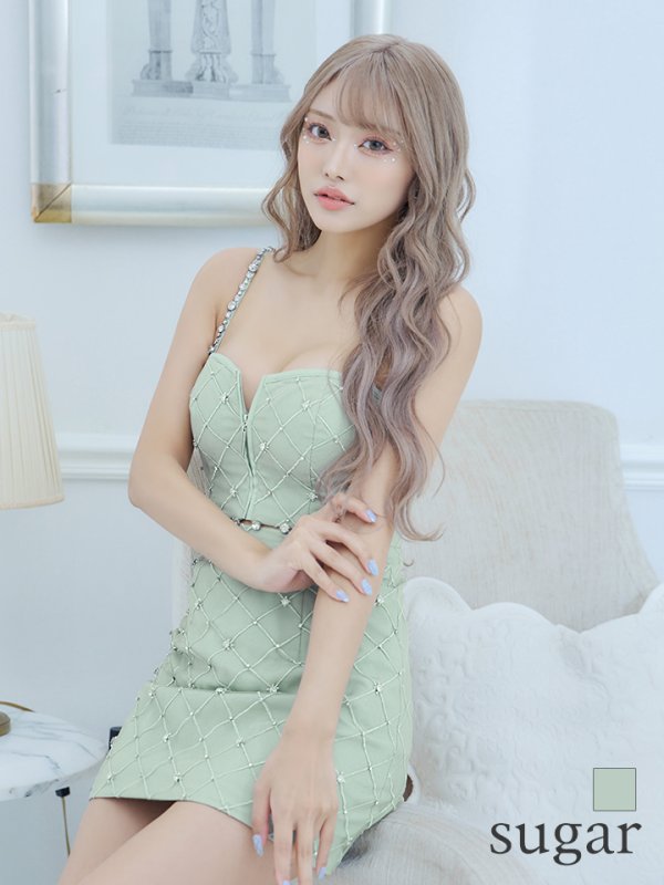 XSサイズあり【ROBE de FLEURS/ローブドフルール】クリスタルビジュー/ フロントジップ/ キャミソール/ ミニドレス/ キャバドレス[OF2]　ミント