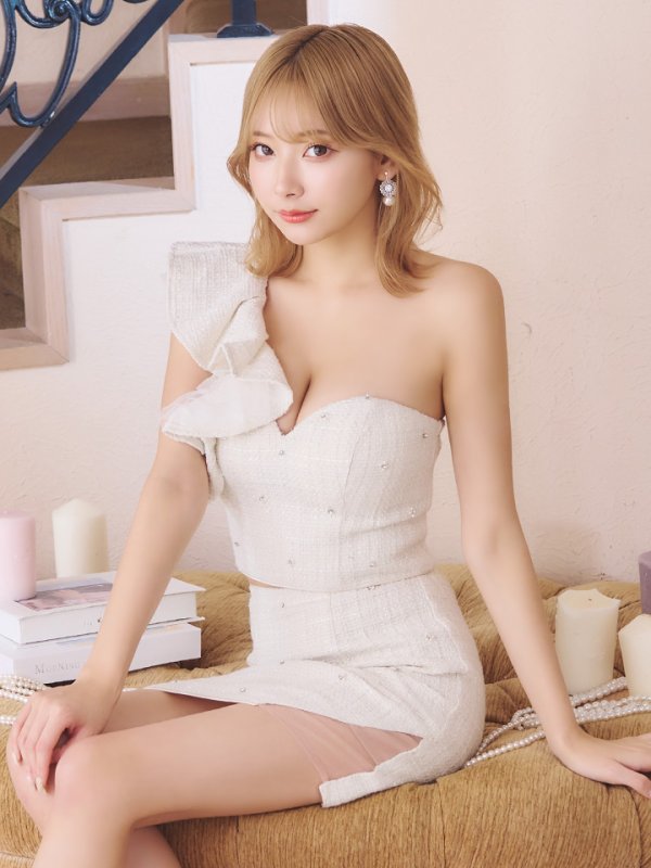 画像8: XSサイズあり【ROBE de FLEURS/ローブドフルール】フリルワンショルダー/ ビジュー/ ラメツイード/ タイト/ セットアップ/ ミニドレス/ キャバドレス[OF08]