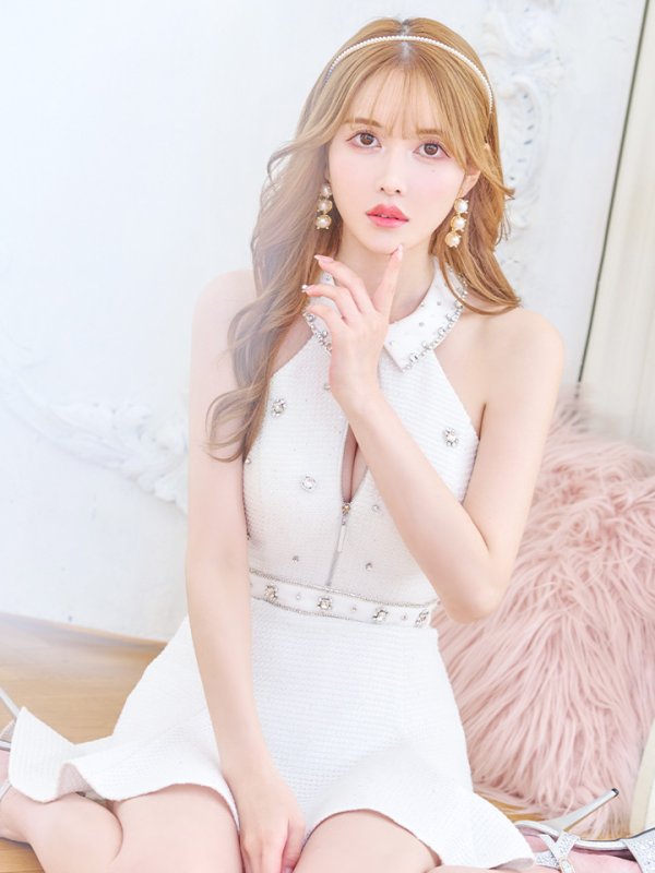 画像7: XSサイズあり【ROBE de FLEURS/ローブドフルール】ツイード/ ジップ/ 襟付き/ ホルター/ ビジュー/ フレア/ セットアップ/ ミニドレス/ キャバドレス[OF08]