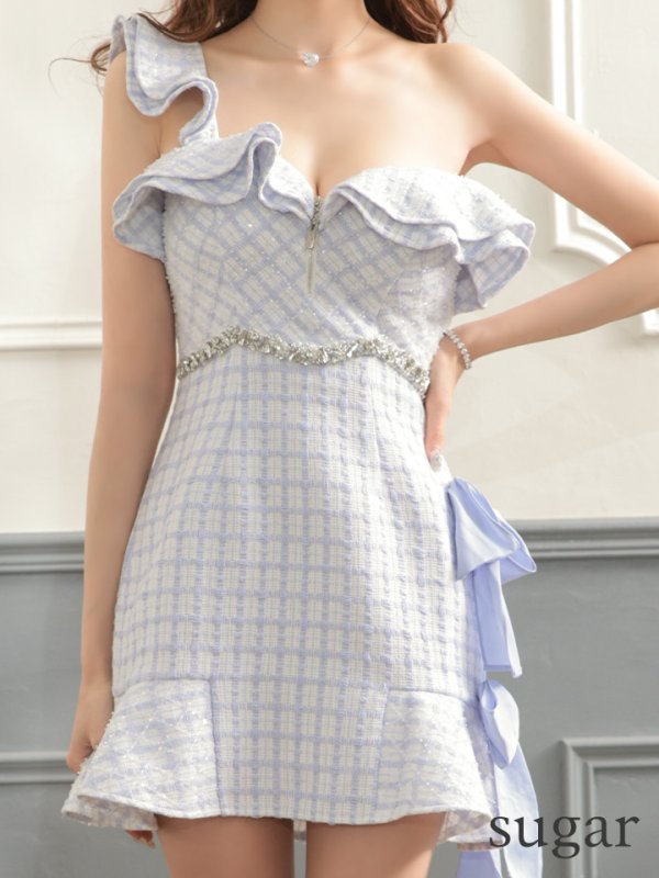 画像10: XSサイズあり【ROBE de FLEURS/ローブドフルール】チェック柄ツイード/ リボンワンショルダー/ マーメイド/ フリル/ ジップ/ ビジュー/ ミニドレス/ キャバドレス[OF08]