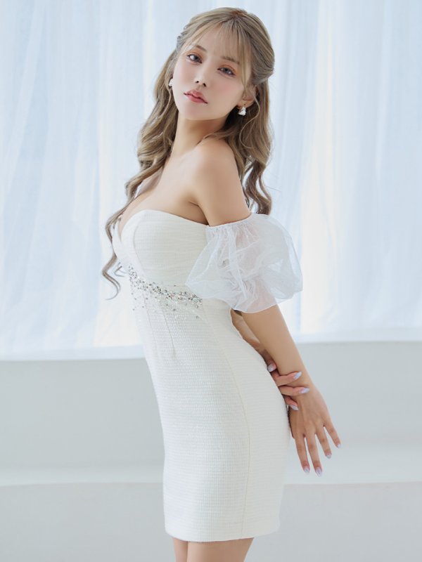 画像5: XSサイズあり【ROBE de FLEURS/ローブドフルール】バルーンスリーブ/ オフショル/ ビジュー/ タイト/ ミニドレス/ キャバドレス[OF08]