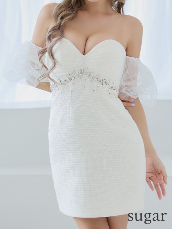 画像8: XSサイズあり【ROBE de FLEURS/ローブドフルール】バルーンスリーブ/ オフショル/ ビジュー/ タイト/ ミニドレス/ キャバドレス[OF08]