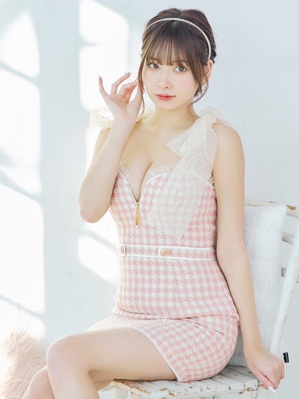 画像4: XSサイズあり【ROBE de FLEURS/ローブドフルール】ドットチュールリボン/ ツイード/ キャミソール/ バストジップ/ タイト/ ミニドレス/ キャバドレス[OF08]