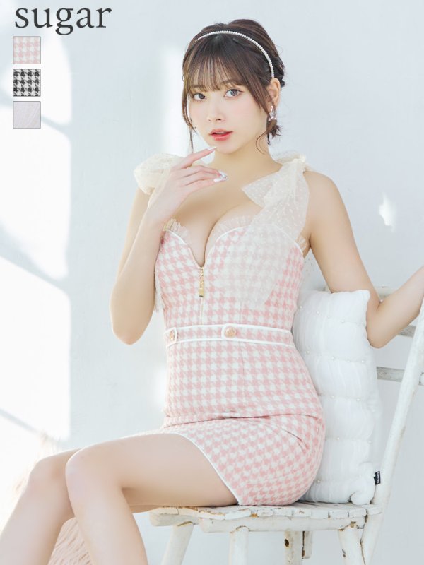 画像1: XSサイズあり【ROBE de FLEURS/ローブドフルール】ドットチュールリボン/ ツイード/ キャミソール/ バストジップ/ タイト/ ミニドレス/ キャバドレス[OF2]