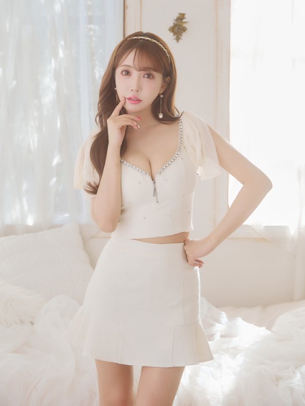 画像6: XSサイズあり【ROBE de FLEURS/ローブドフルール】オーガンジーリボン/ デコルテビジュー/ ノースリーブ/ フレア/ セットアップ/ ミニドレス/ キャバドレス[OF08]