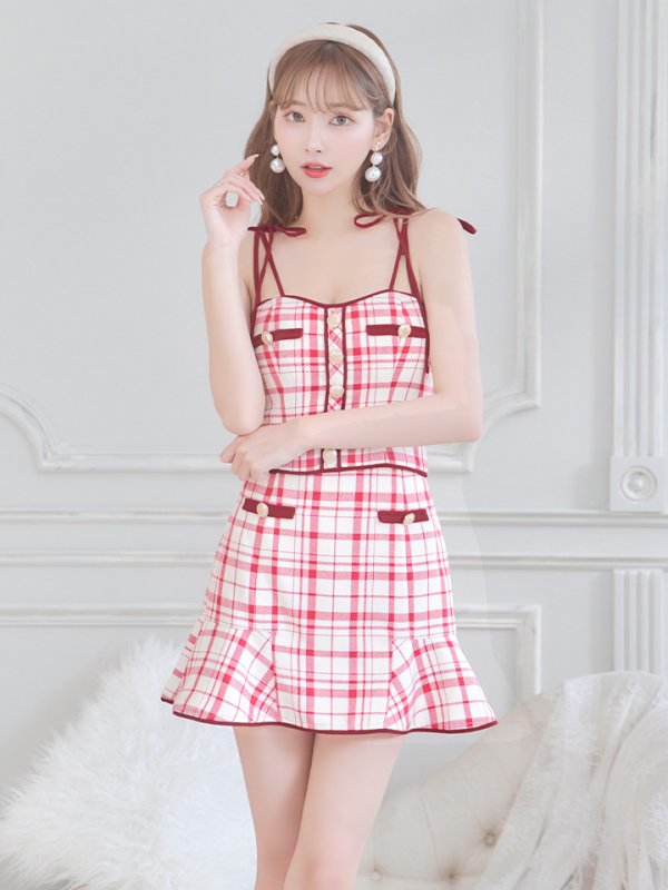 画像2: sugarコラボ商品☆【XSサイズあり】【ROBE de FLEURS/ローブドフルール】チェック柄/ マーメイド/ ショルダーリボン/ キャミソール/ セットアップ/ ミニドレス/ キャバドレス[OF2]