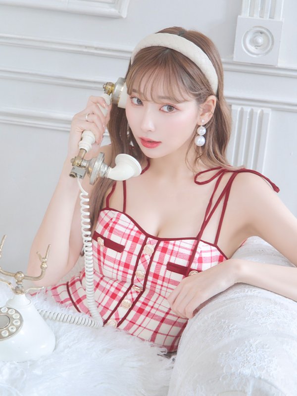 画像6: sugarコラボ商品☆【XSサイズあり】【ROBE de FLEURS/ローブドフルール】チェック柄/ マーメイド/ ショルダーリボン/ キャミソール/ セットアップ/ ミニドレス/ キャバドレス[OF08]