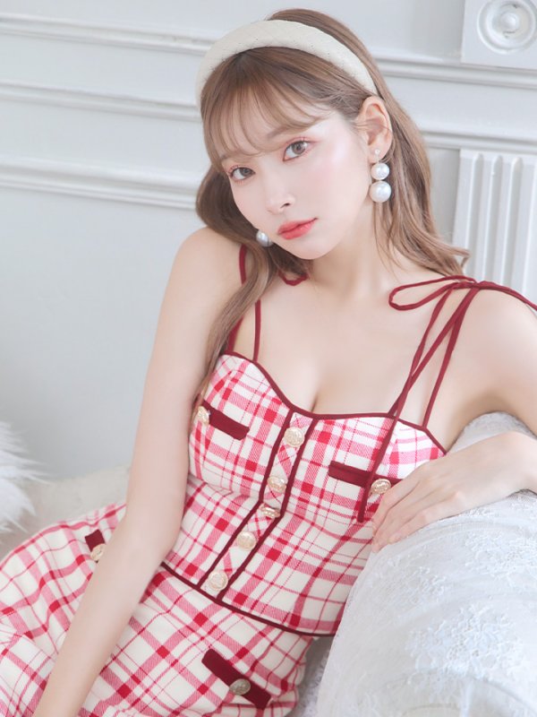 画像8: sugarコラボ商品☆【XSサイズあり】【ROBE de FLEURS/ローブドフルール】チェック柄/ マーメイド/ ショルダーリボン/ キャミソール/ セットアップ/ ミニドレス/ キャバドレス[OF08]
