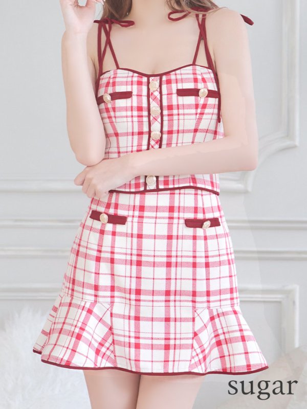 画像10: sugarコラボ商品☆【XSサイズあり】【ROBE de FLEURS/ローブドフルール】チェック柄/ マーメイド/ ショルダーリボン/ キャミソール/ セットアップ/ ミニドレス/ キャバドレス[OF08]