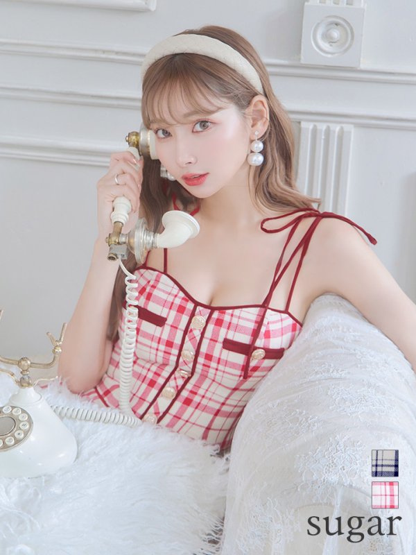 画像2: sugarコラボ商品☆【XSサイズあり】【ROBE de FLEURS/ローブドフルール】チェック柄/ マーメイド/ ショルダーリボン/ キャミソール/ セットアップ/ ミニドレス/ キャバドレス[OF2]
