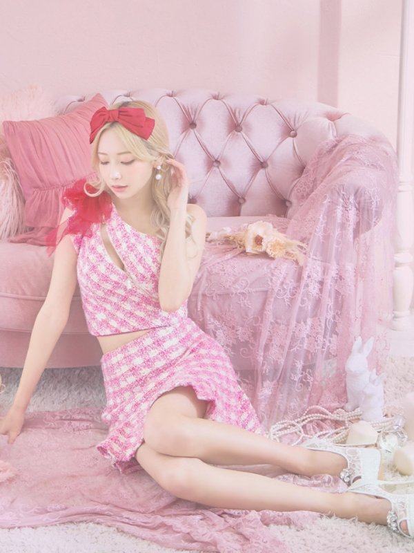 画像4: sugar限定コラボ☆XS-Lサイズあり【ROBE de FLEURS/ローブドフルール】セットアップ/ ツイード/ リボン/ ワンショルダー/ バストカット/ タイト/ ミニドレス/ キャバドレス[OF08]