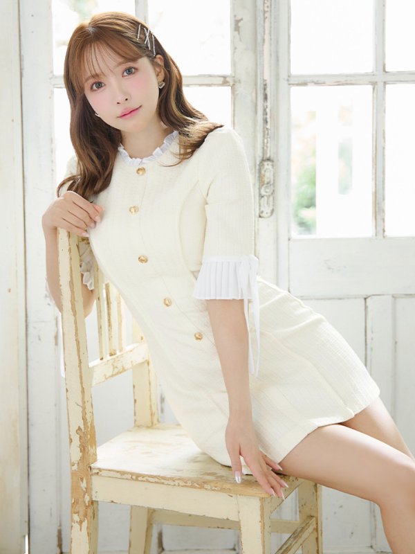 画像5: XSサイズあり【ROBE de FLEURS/ローブドフルール】ラメツイード/ 七分袖/ 袖フリル/ リボン/ フレア/ ミニドレス/ キャバドレス[OF08]