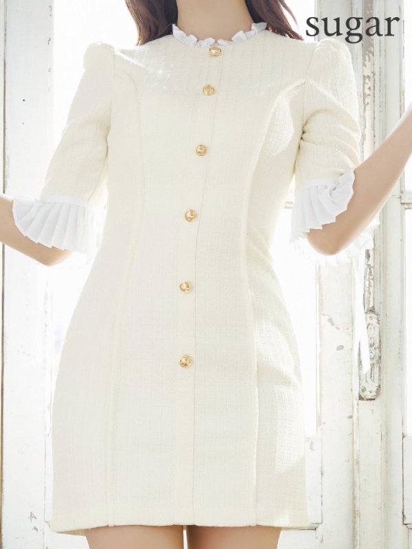 画像8: XSサイズあり【ROBE de FLEURS/ローブドフルール】ラメツイード/ 七分袖/ 袖フリル/ リボン/ フレア/ ミニドレス/ キャバドレス[OF08]