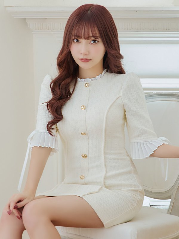 画像3: XSサイズあり【ROBE de FLEURS/ローブドフルール】ラメツイード/ 七分袖/ 袖フリル/ リボン/ フレア/ ミニドレス/ キャバドレス[OF08]