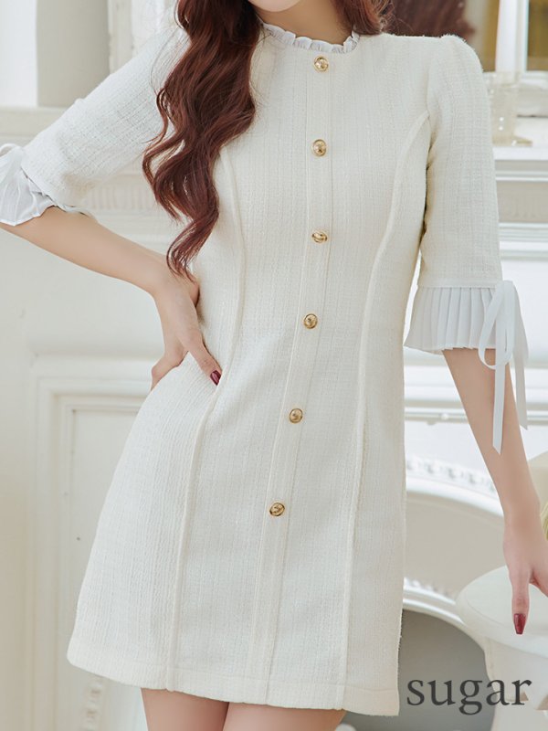 画像8: XSサイズあり【ROBE de FLEURS/ローブドフルール】ラメツイード/ 七分袖/ 袖フリル/ リボン/ フレア/ ミニドレス/ キャバドレス[OF08]