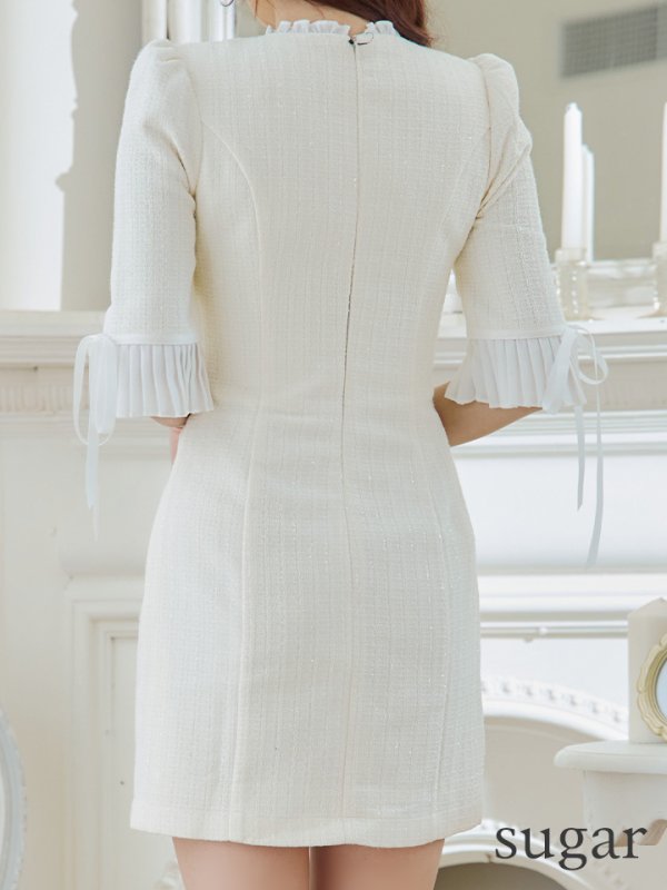 画像9: XSサイズあり【ROBE de FLEURS/ローブドフルール】ラメツイード/ 七分袖/ 袖フリル/ リボン/ フレア/ ミニドレス/ キャバドレス[OF08]