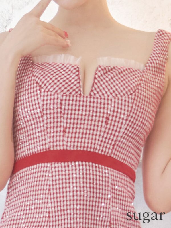 画像13: XSサイズあり【ROBE de FLEURS/ローブドフルール】ツイード/ ギンガムチェック/ フロントジップ/ ノースリーブ/ スパンコール/ フレア/ ミニドレス/ キャバドレス[OF08]